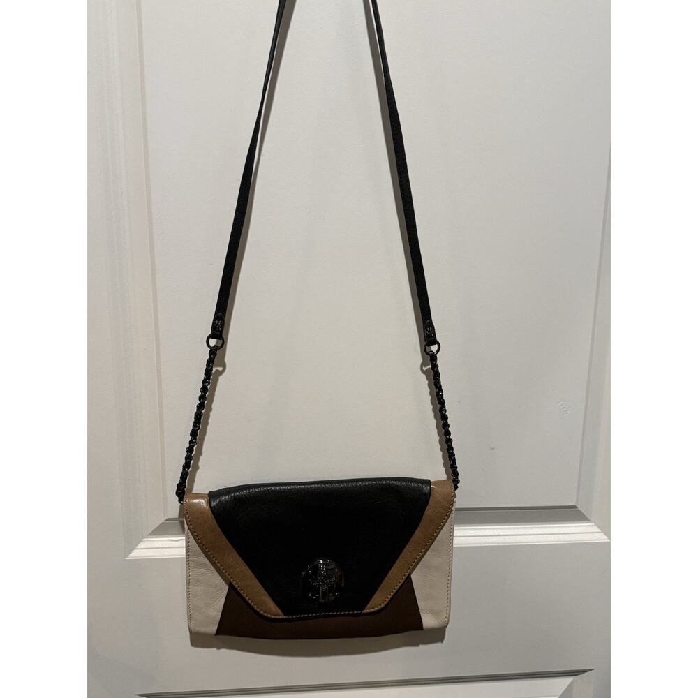 Elliott Lucca Leather Crossbody Bag Colorblock Black Brown Cream Chain Strap